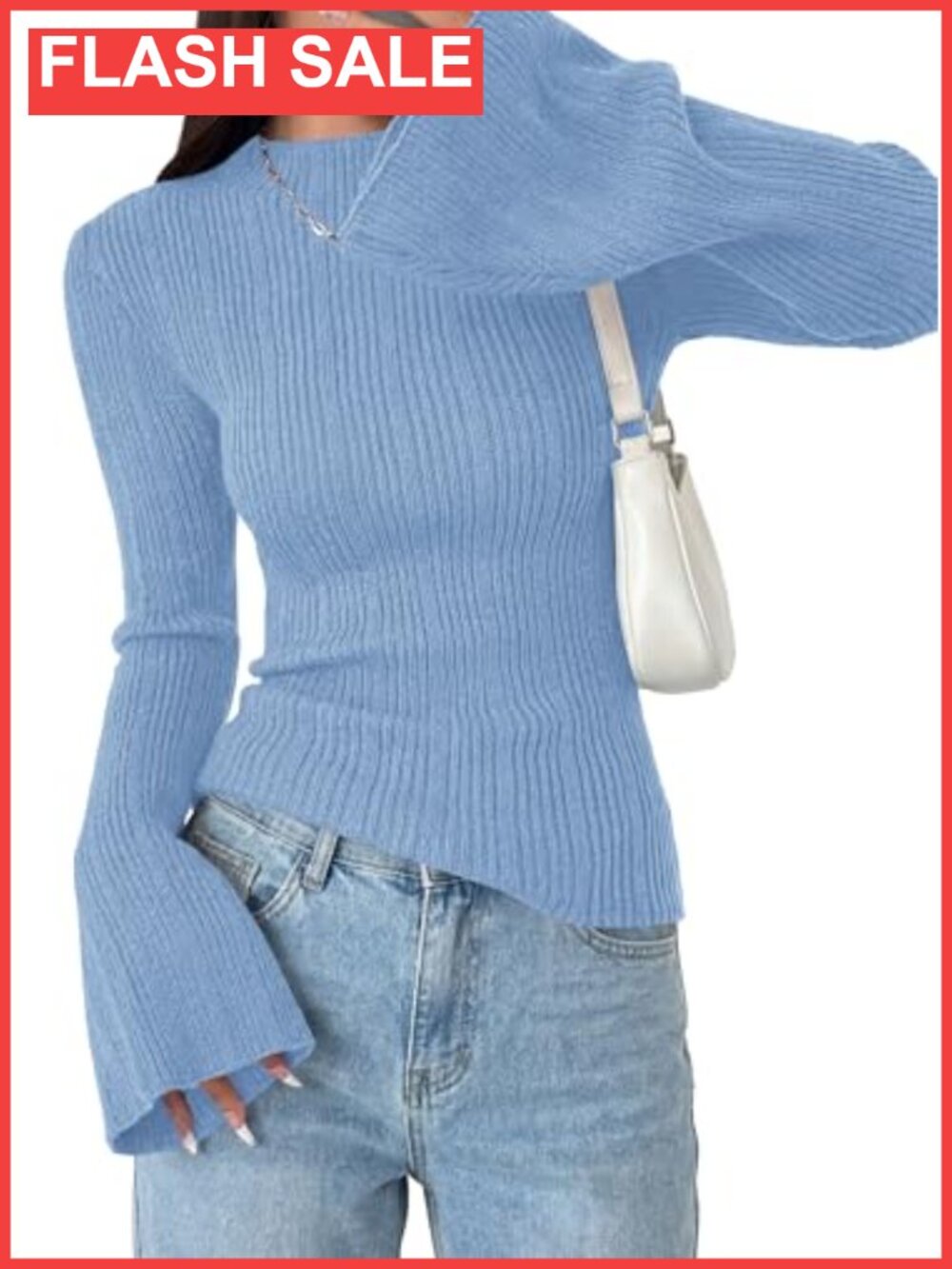 Ribbed Knit Mock Neck Bell Sleeve Pullover Sweater